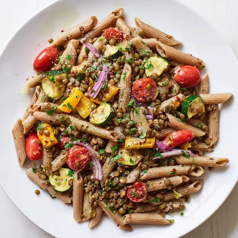 Delicious and healthy Lentil Pasta with Vegetables, showcasing tender lentils and roasted, vibrant vegetables.
