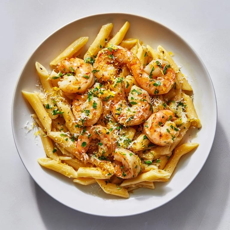 Close-up of garlic shrimp penne with tender shrimp, tossed in a creamy, flavorful sauce.
