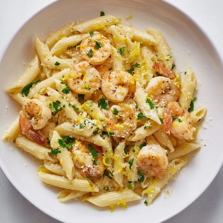 Steaming bowl of garlic shrimp penne, garnished with fresh parsley and Parmesan cheese, tasty dinner.
