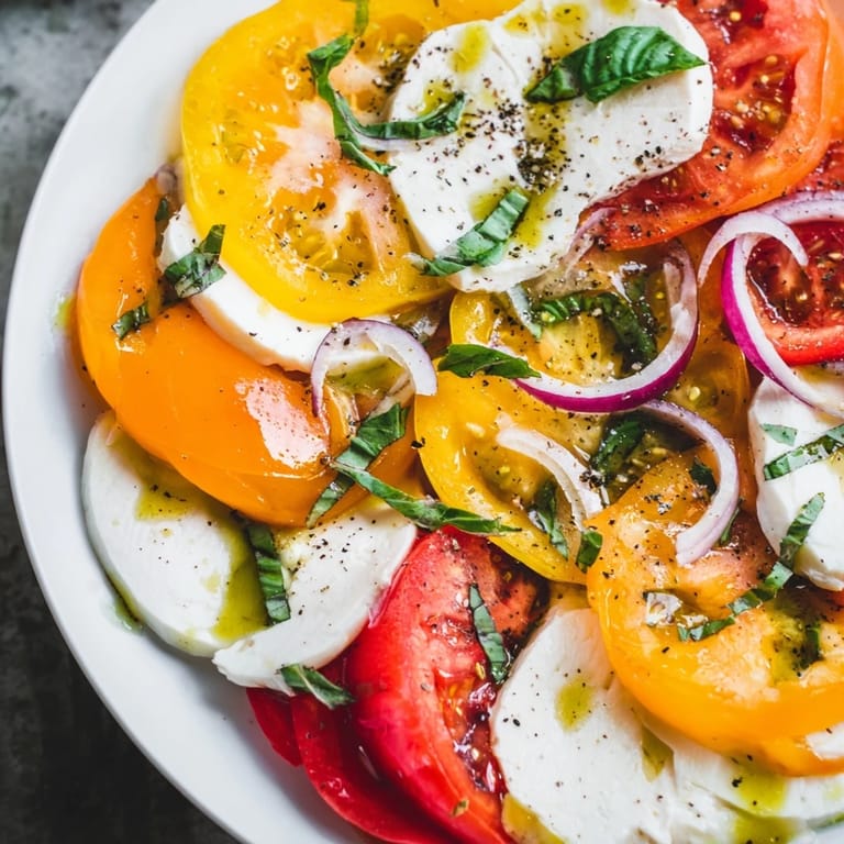 Fresh Summer Tomato Salad featuring red and yellow tomatoes, creamy mozzarella, and fragrant basil.