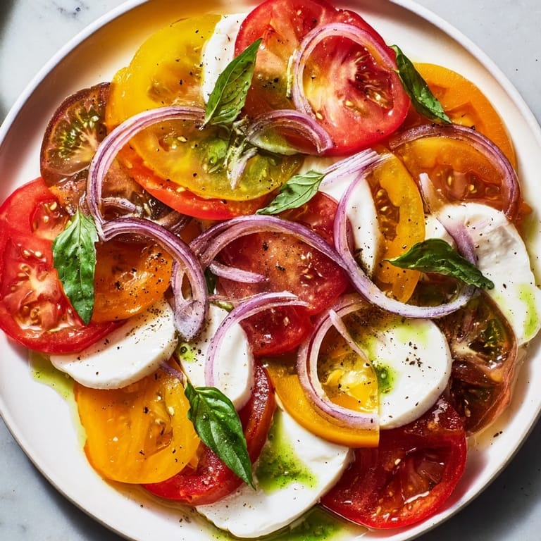 A beautifully arranged Summer Tomato Salad with fresh mozzarella, drizzled with basil infused oil.