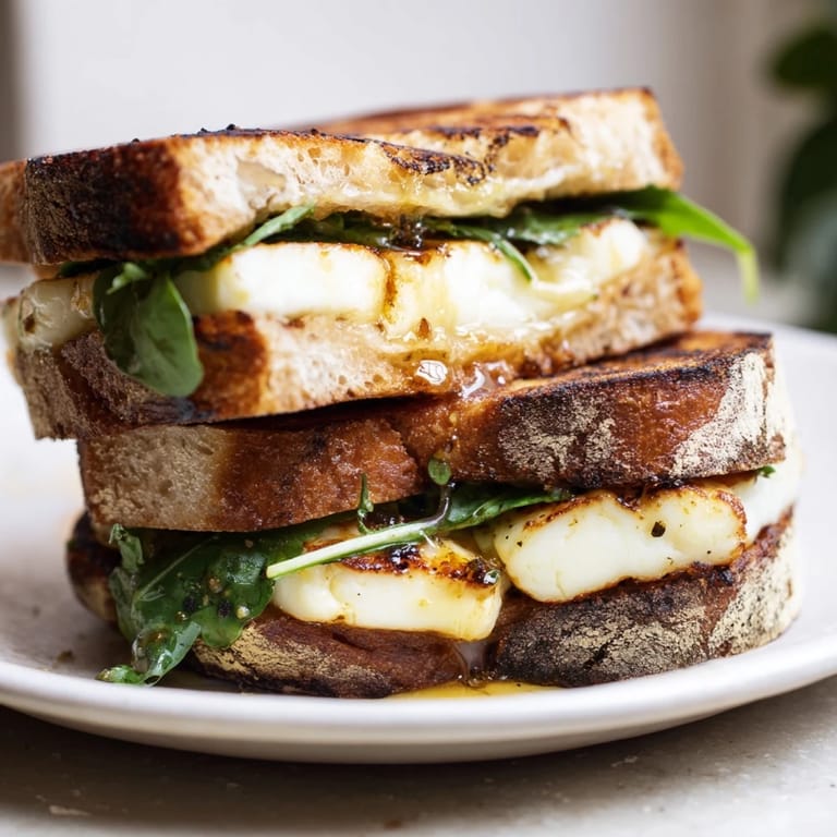 A finished Crispy Halloumi Grilled Cheese, alongside a bowl of tomato soup for a comforting meal.