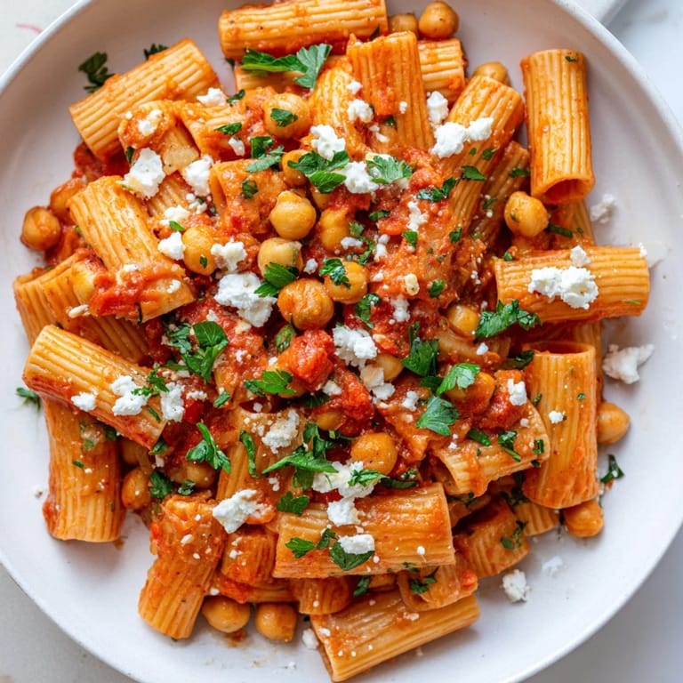Delicious homemade Harissa Chickpea Pasta, with chickpeas and tomatoes swimming in a flavorful sauce.