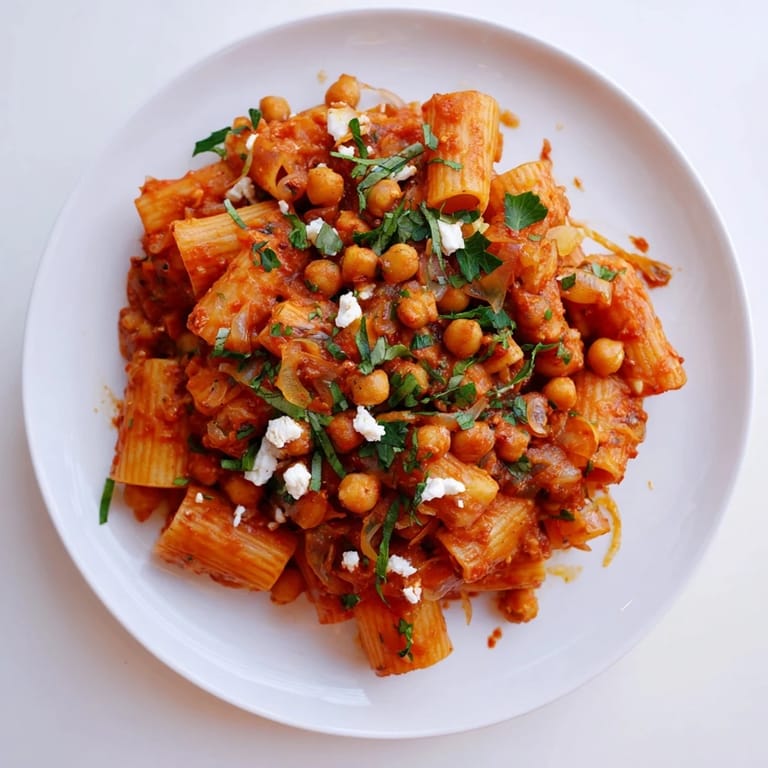 A close-up shot of hot Harissa Chickpea Pasta, garnished with parsley, ready to eat.
