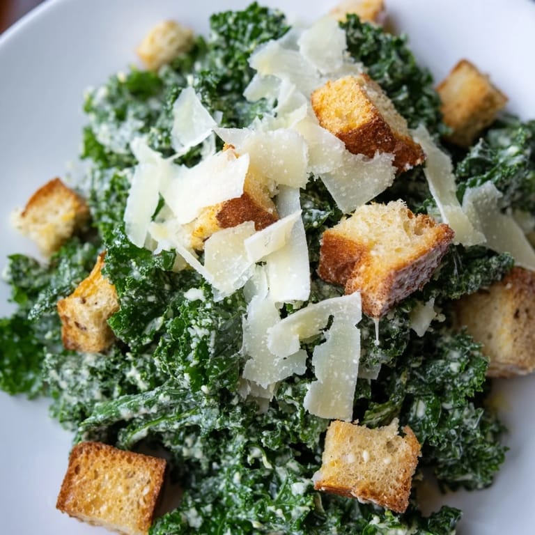 A close-up of a rustic Kale Caesar Salad with bright green kale and golden croutons.