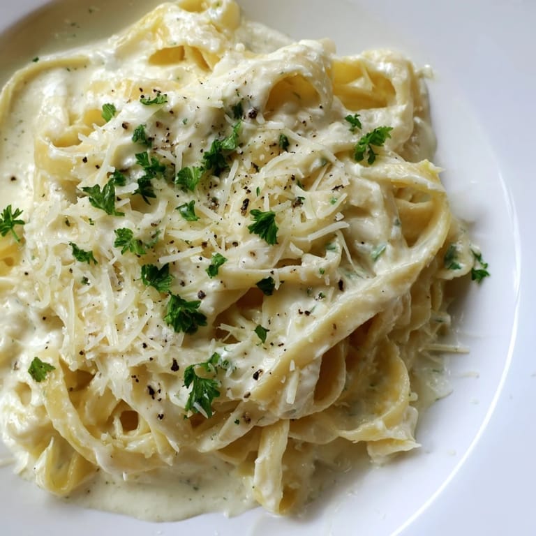 Spoonful of rich Cottage Cheese Alfredo, smooth and bubbling, perfect for drizzling over your favorite pasta dish.