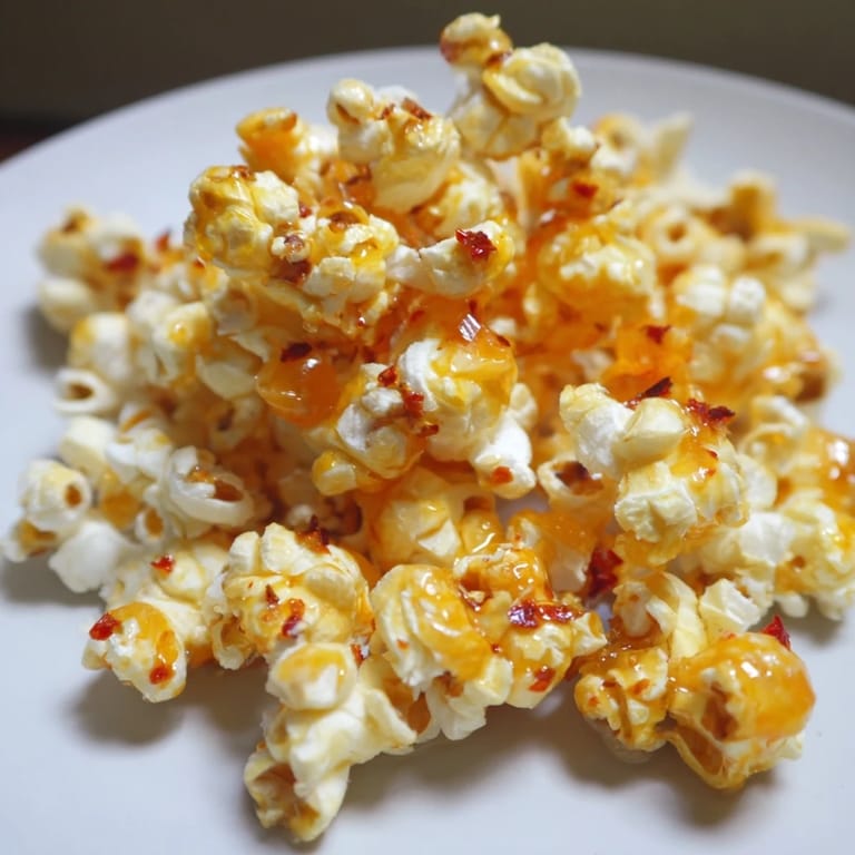 Close-up of freshly made Hot Honey Butter Popcorn, coated evenly and ready to enjoy as a snack.