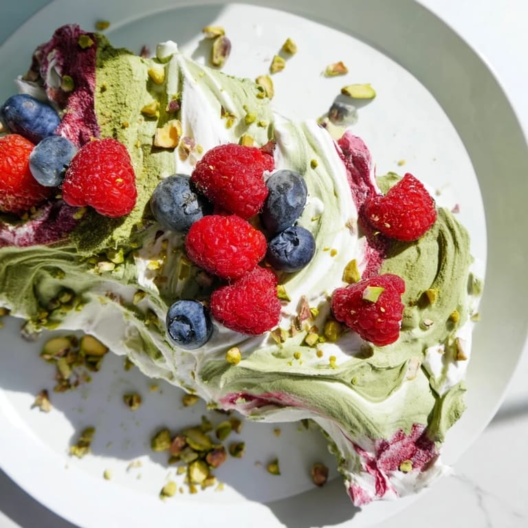 A close-up of beautifully marbled frozen yogurt bark, the perfect healthy dessert with matcha and berry flavors.