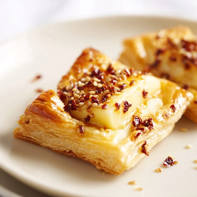 Drizzled honey and spicy chili crisp atop warm, baked Chili Crisp Honey Brie Bites create a delicious appetizer.