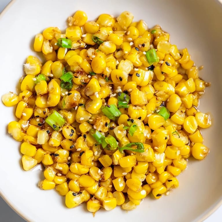 A close-up of buttery Japanese Butter Corn, featuring vibrant corn kernels with scallion garnish.