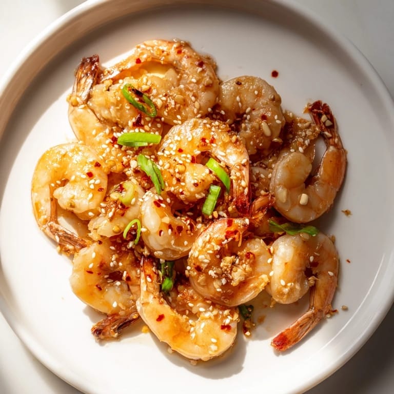 A delicious close-up of sizzling, spicy Korean Garlic Butter Shrimp with fresh scallions and sesame seeds.