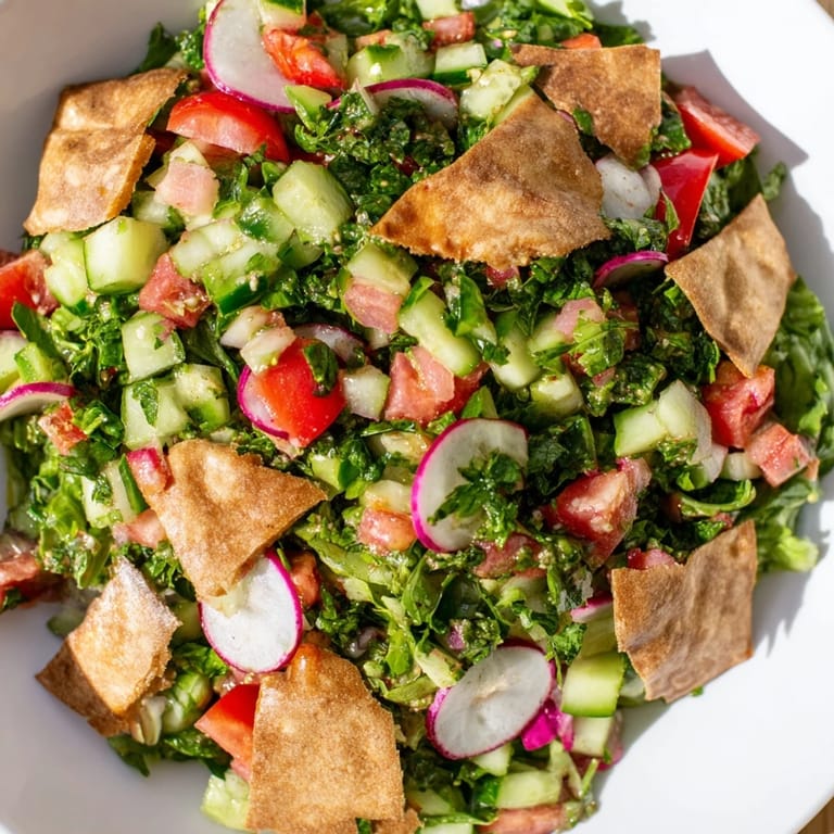 Close-up of a colorful Lebanese Fattoush salad, showing juicy tomatoes and crunchy pita chips.