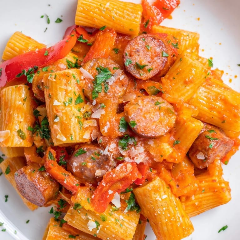 Close-up of hearty Spanish Chorizo Pasta with tomatoes, capturing the smoky aroma and rich sauce.