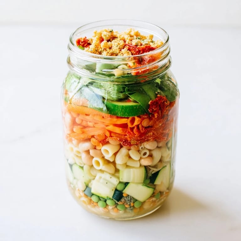 Bright, colorful layers of fresh vegetables and pasta inside a glass jar, ready to transform into a hot minestrone soup.