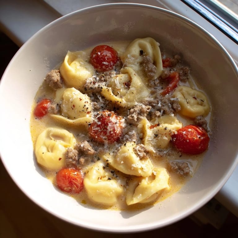 Comforting Italian-American Tortellini Beef Soup ladles rich beef broth with tender tortellini, spinach, and sweet cherry tomatoes over a garnish of Parmesan.  