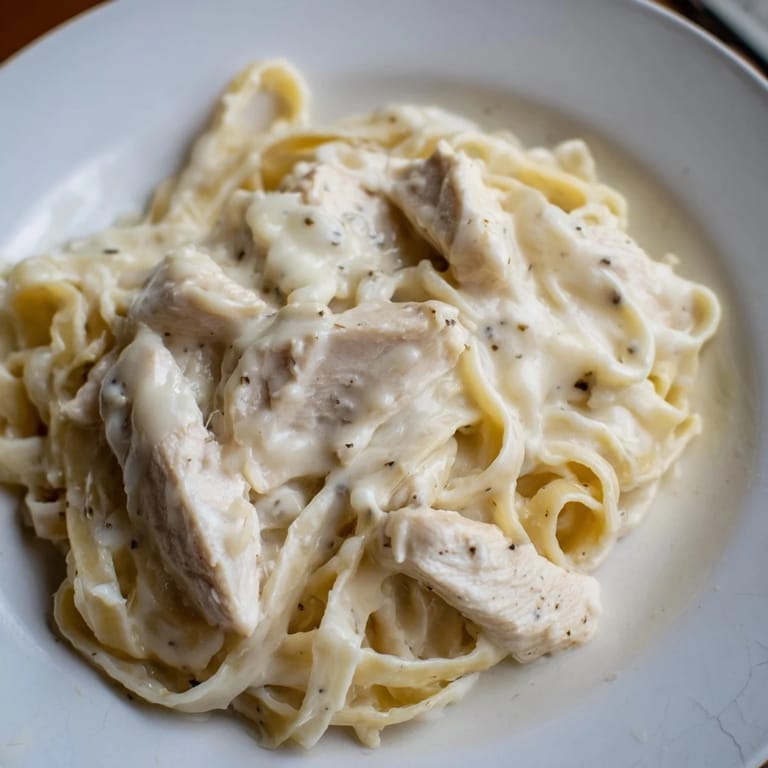 Tender chicken breast and perfectly coated pasta shine in a single-skillet Alfredo, garnished with fresh parsley and extra grated Parmesan cheese.  