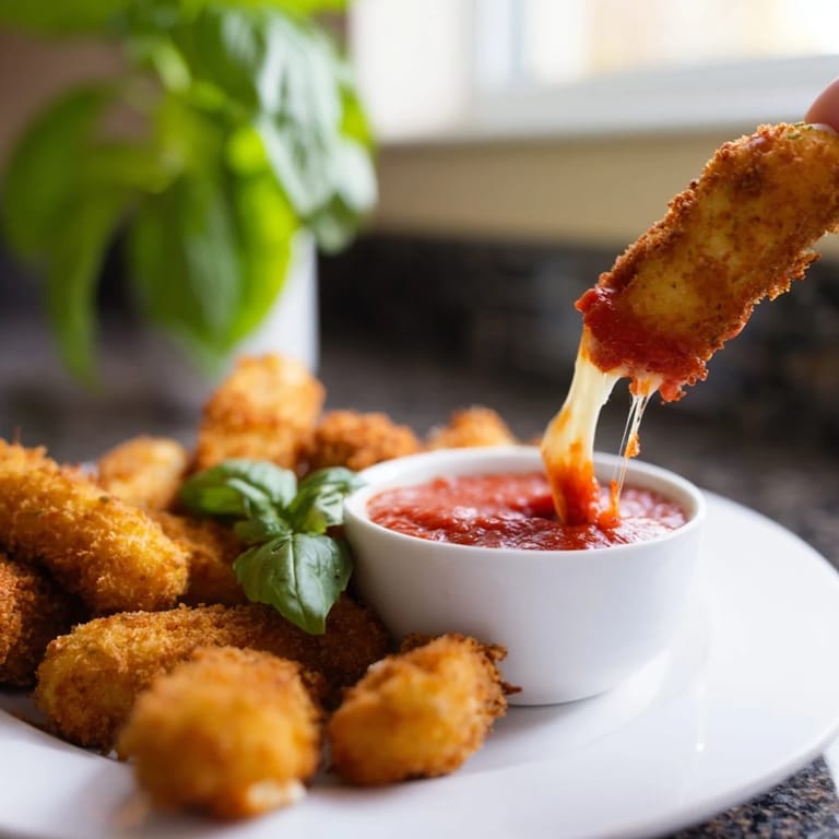 Eight golden-brown mozzarella sticks arranged on a platter with fresh basil and marinara, a perfect appetizer or snack.  