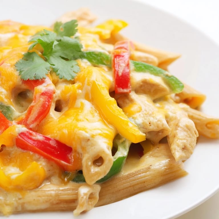 Hearty Chicken Fajita Pasta Skillet topped with cheese, ready to serve with a fork.