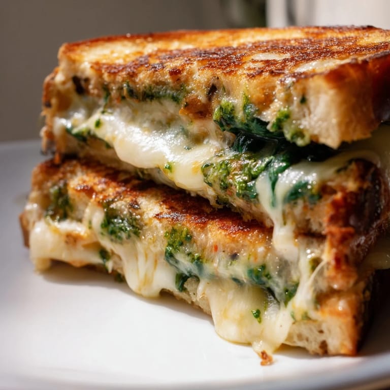 Two halves of a gooey Spinach Pesto Grilled Cheese, cut diagonally and served with a fresh green salad for lunch.