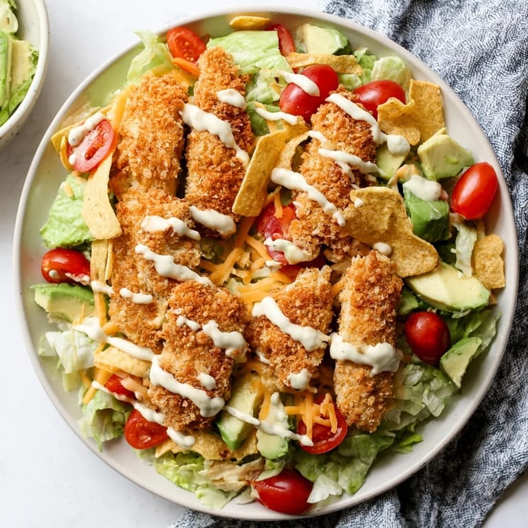 Hearty Crispy Chicken Taco Salad served with lime wedges, drizzled with homemade salsa ranch for a zesty finish.