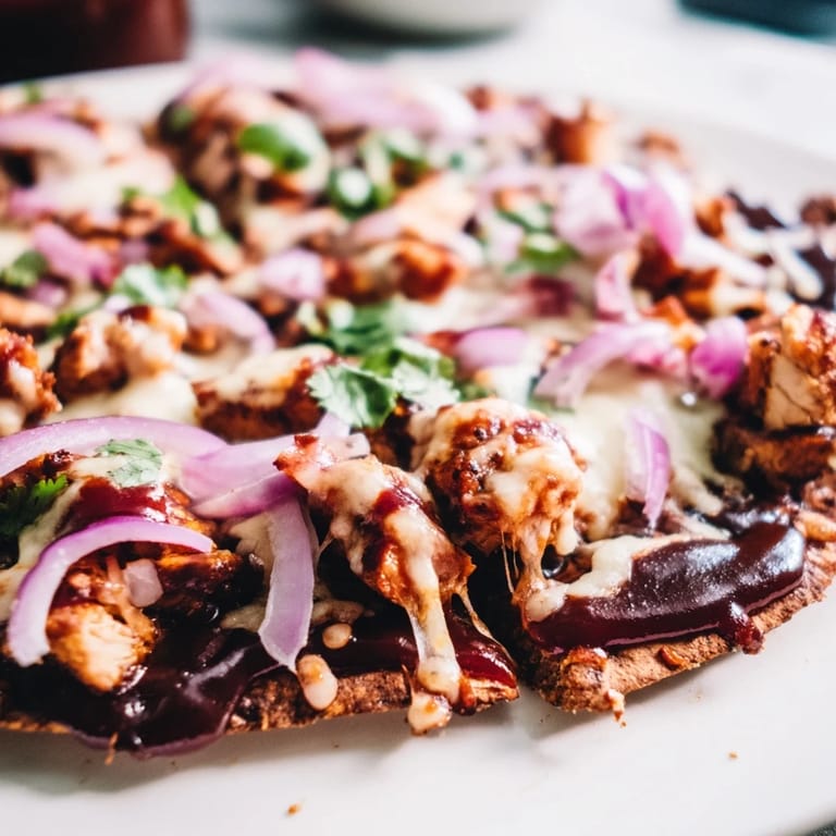 Freshly baked BBQ Chicken Flatbread with gooey mozzarella, tangy BBQ sauce, and fresh cilantro garnish on a wooden board.  