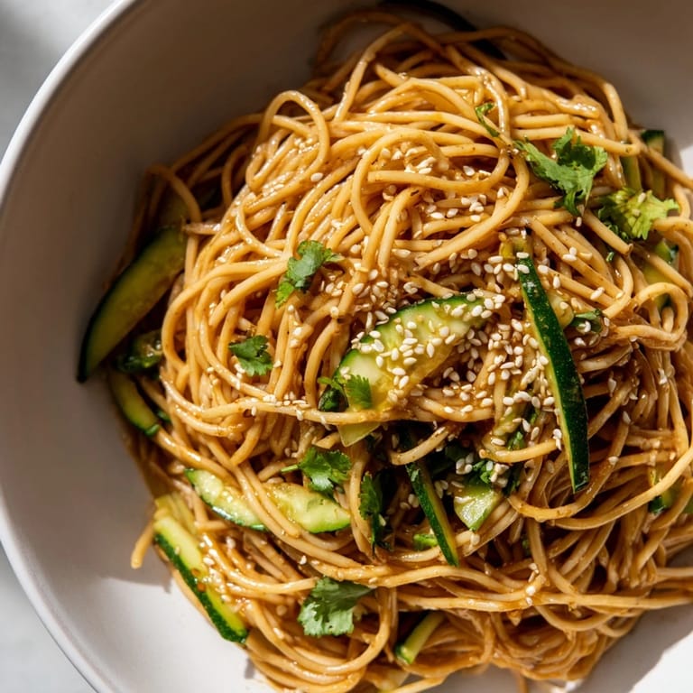 Aerial view of a serving platter holding Spicy Sesame Noodle Salad, with chopped peanuts, spring onions, and a lime wedge beside the colorful bowl.  