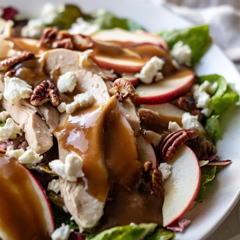 Hearty Caramel Apple Chicken Salad featuring sliced chicken, apples, red onion, and pecans, ready to serve as a beautiful autumn main dish.