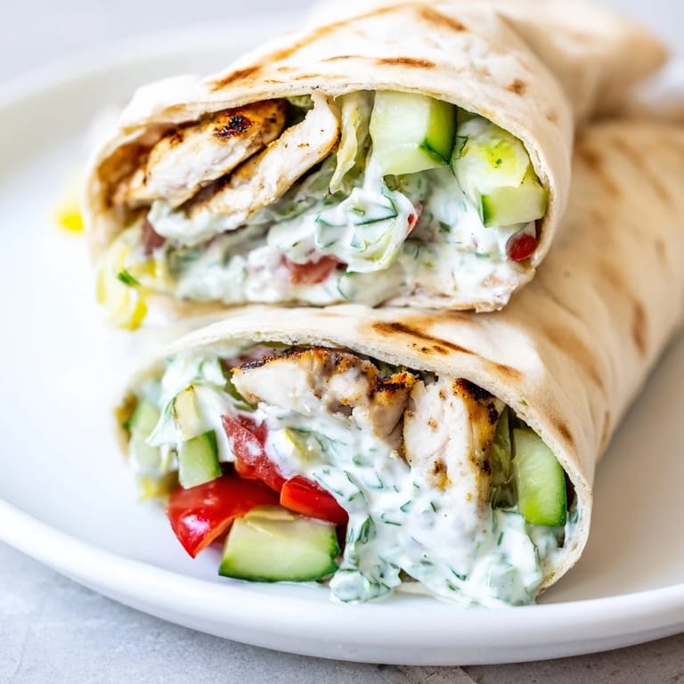 Grilled chicken strips and fresh vegetables in a pita, ready to serve with lemon wedges.