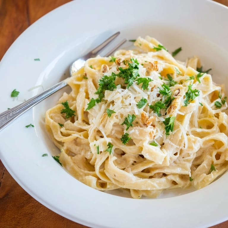 Serving suggestion of roasted garlic cream pasta on a white plate, topped with extra Parmesan.