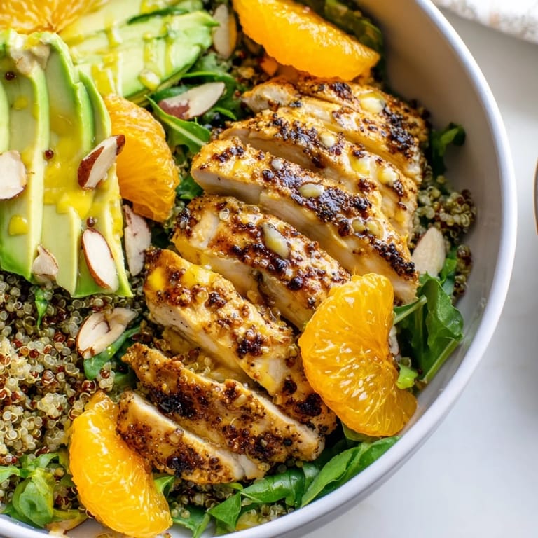 Sliced grilled herb chicken over mixed greens and quinoa, with orange segments, avocado, and red onion in a colorful bowl.