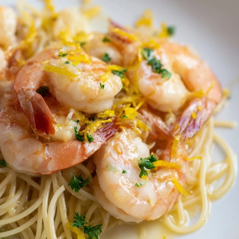 A rustic kitchen counter scene with Lemon Butter Shrimp Pasta Lite served in a bowl, steam rising from the pasta, garnished with fresh parsley and lemon wedges, fork ready to twirl.