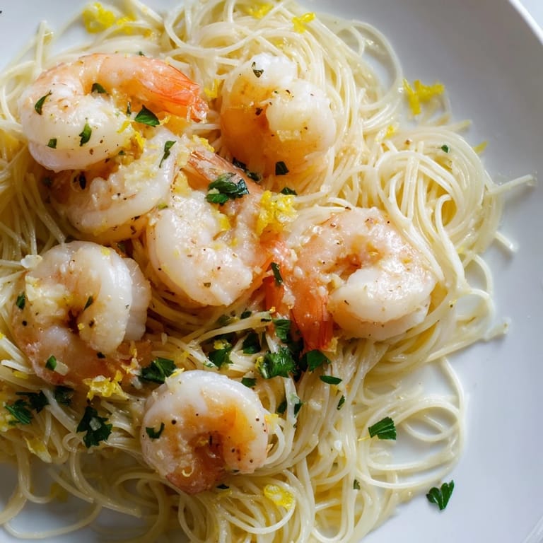Bright, overhead shot of Lemon Butter Shrimp Pasta Lite in a rustic ceramic dish, featuring sautéed shrimp, vibrant parsley, and a light buttery lemon sauce shimmering on delicate angel hair pasta.  