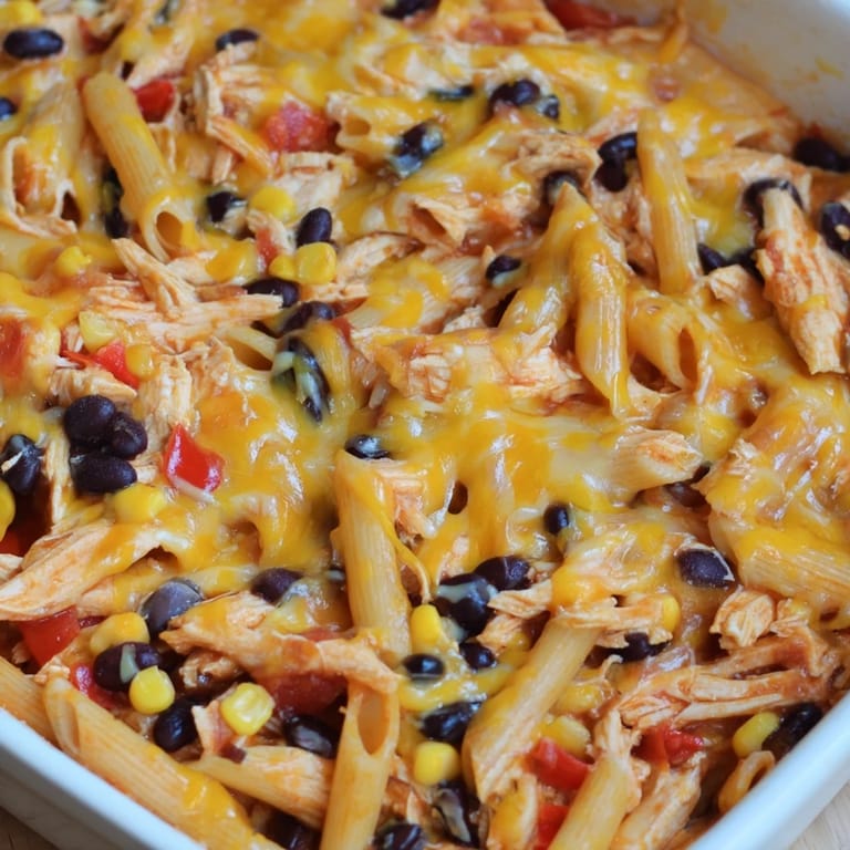 This cheesy Chicken Burrito Pasta Bake features tender chicken, black beans, and a vibrant red bell pepper inside.