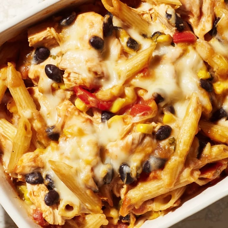 A golden-brown casserole dish of Chicken Burrito Pasta Bake, garnished with fresh cilantro and lime wedges for serving.