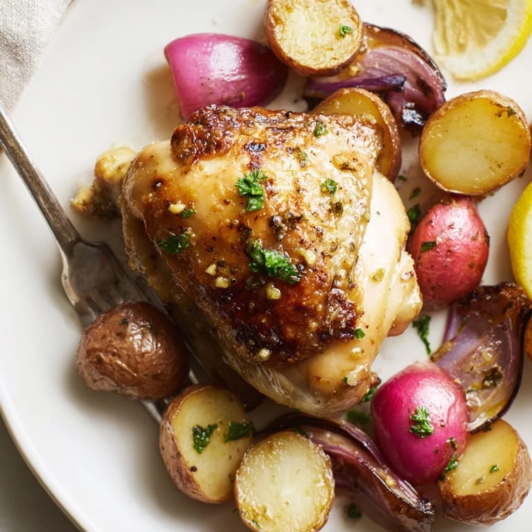 A close-up of the Roasted Radish & Chicken Sheet Pan shows crispy skin, caramelized veggies, and a zesty lemon drizzle perfect for easy gluten-free dinners.