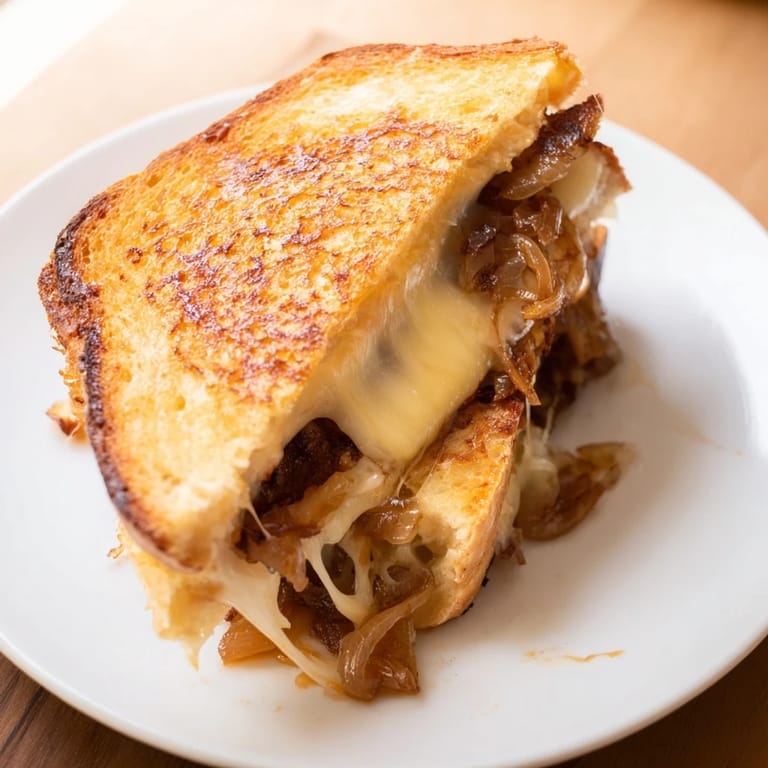 An overhead view of a gourmet Caramelized Onion & Gruyère Grilled Cheese, sliced diagonally to reveal the stringy, melted cheese and savory sweet onion filling.