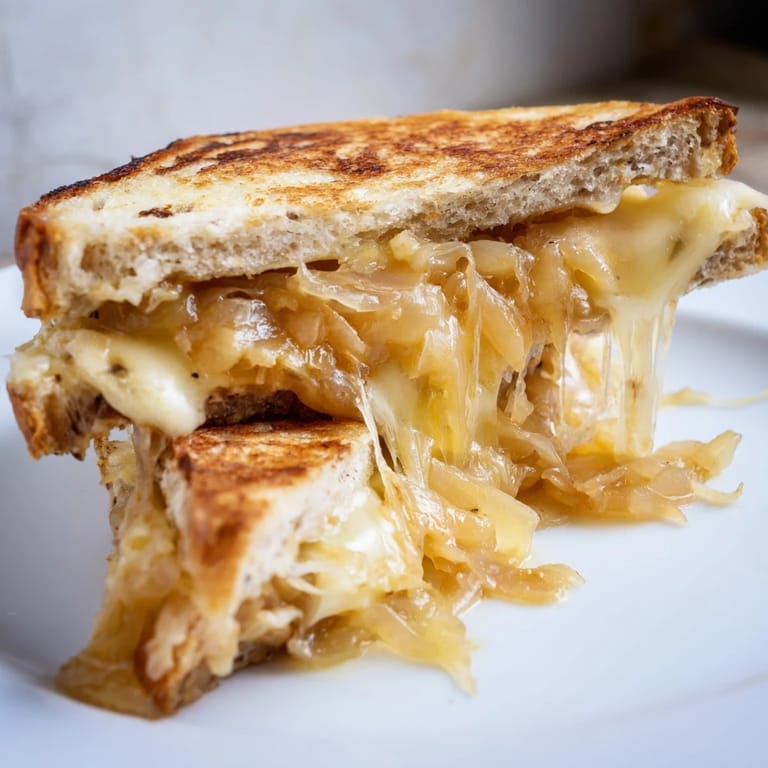A close-up of a toasted sandwich, showcasing the nutty melted Gruyère and deeply caramelized onions nestled between buttery, golden-brown rustic bread.  