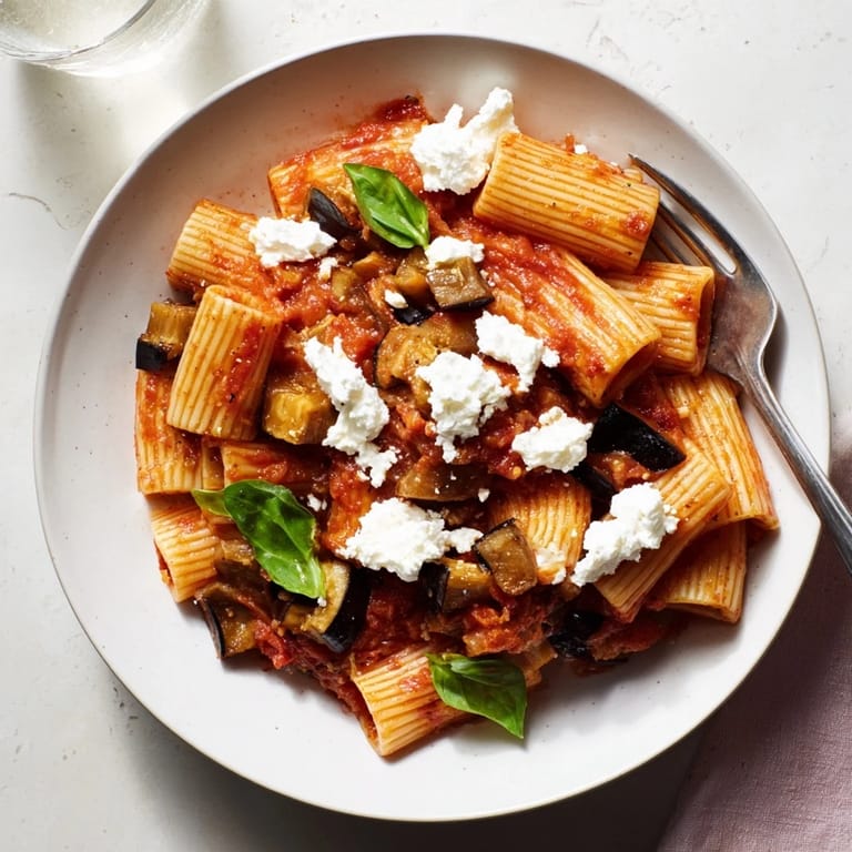 Steaming bowls of Pasta Alla Norma topped with fresh basil and grated ricotta salata, ready for a satisfying vegetarian dinner.