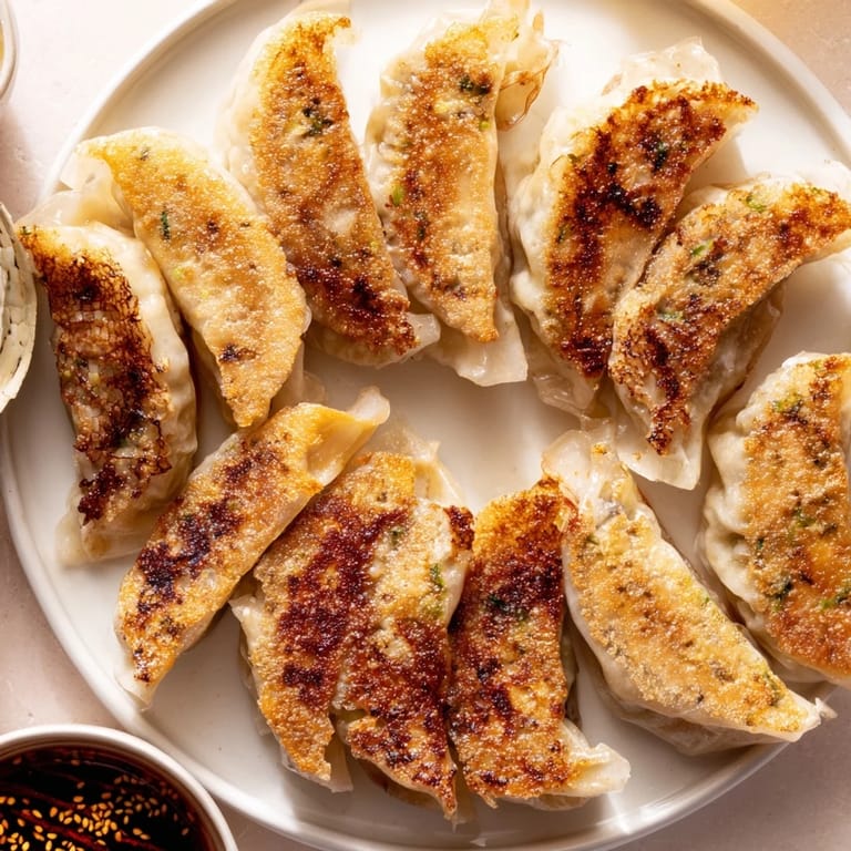 Freshly cooked smashed gyozas arranged on a wooden board, revealing the juicy filling and perfectly seared bottoms.