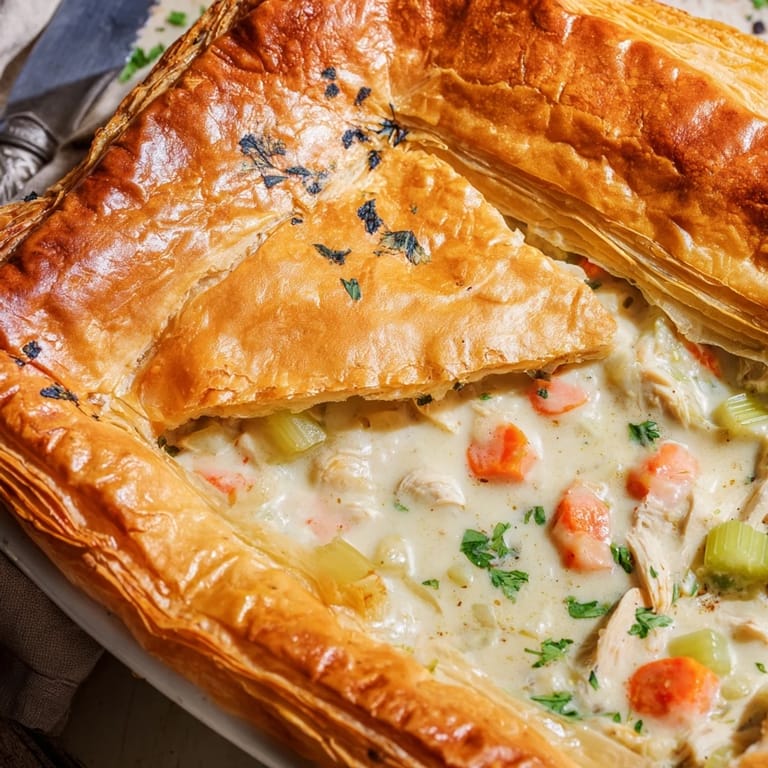 A slice of hearty Chicken and Leek Pie reveals creamy filling with leeks and bacon.
