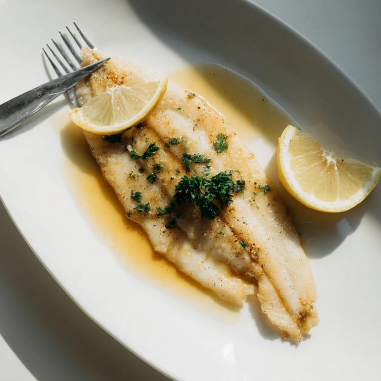 Flounder meunière fillets served on a white plate with lemon wedges and bright parsley garnish.