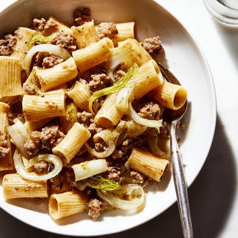 Close-up of Winter Pasta with Sausage and Fennel, showcasing penne coated in a light, aromatic sauce with melted Parmesan and fresh fennel fronds.