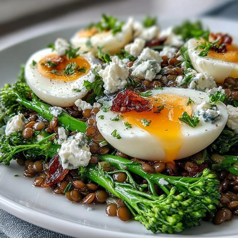 Hearty, colorful French Lentil Salad with tender broccolini and a tangy Dijon dressing.