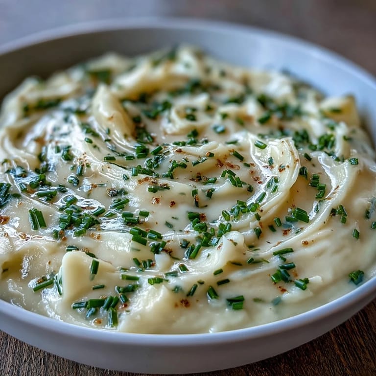 Crumbled bacon and chives topping a smooth potato leek soup in a white ceramic bowl, served alongside crusty bread on a wooden table.