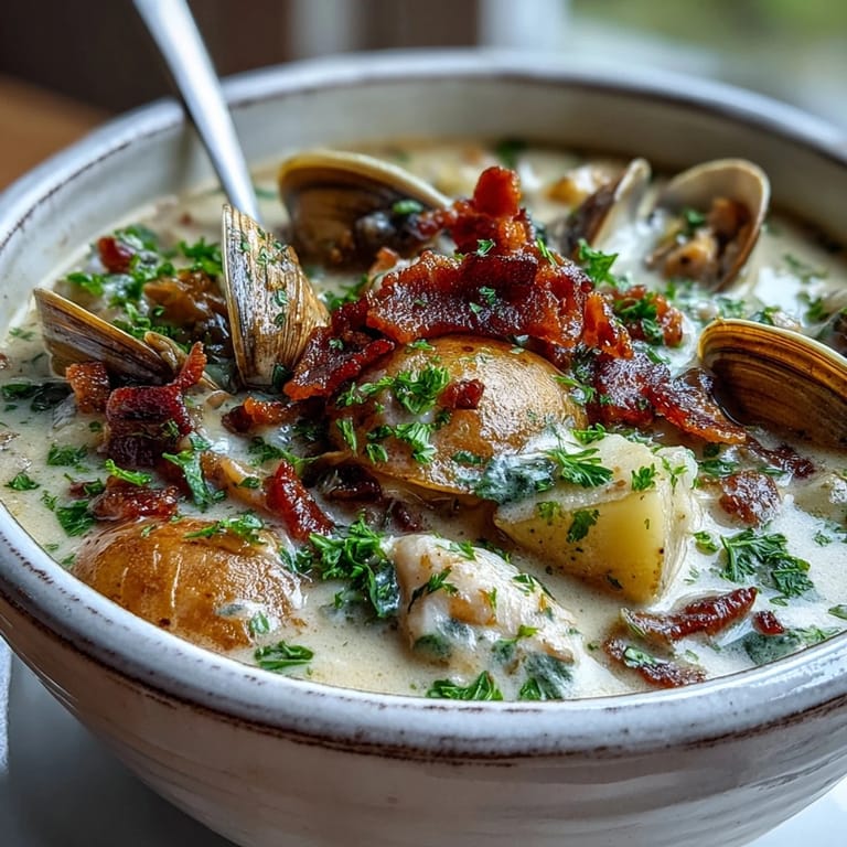 A ladle of rich New England Clam Chowder over potatoes and tender clams, perfect for a cozy winter meal.