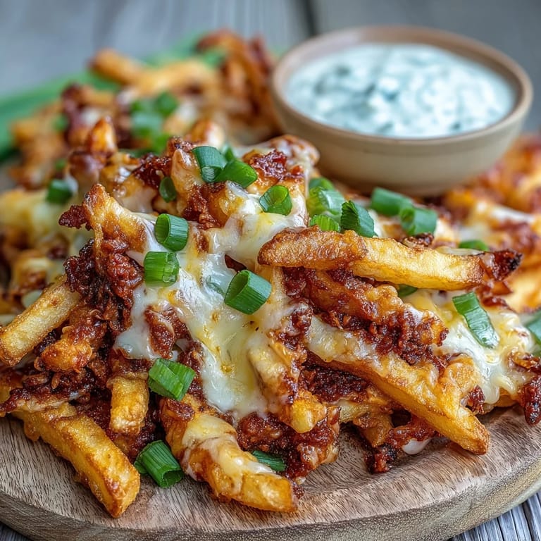 Sizzling Cheesy BBQ Fries with Ranch Dip served hot on a platter, garnished with spring onions and a creamy side of dip.