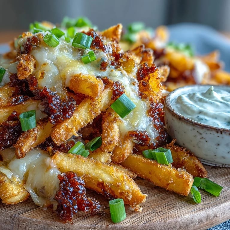 A close-up of crispy, cheese-laden fries, steam rising, next to a bowl of homemade ranch dip, ready for snacking.