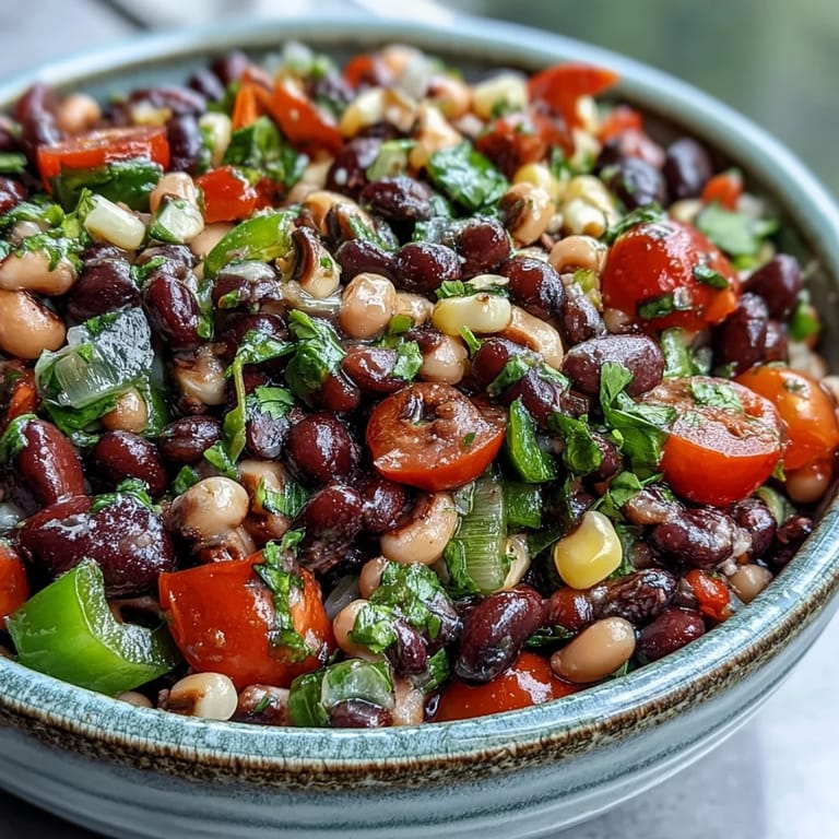 Hearty Cowboy Caviar with black-eyed peas, tomatoes, and onions, ready to enjoy chilled as a zesty party appetizer or taco topping.
