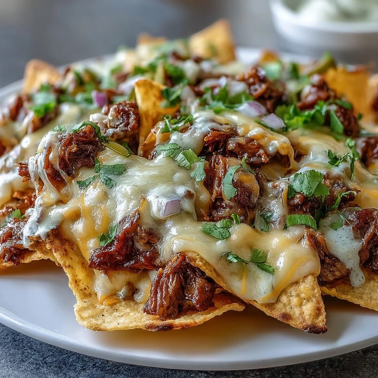 Freshly baked BBQ beef nachos with melted cheddar and Monterey Jack, served hot and loaded with colorful toppings.