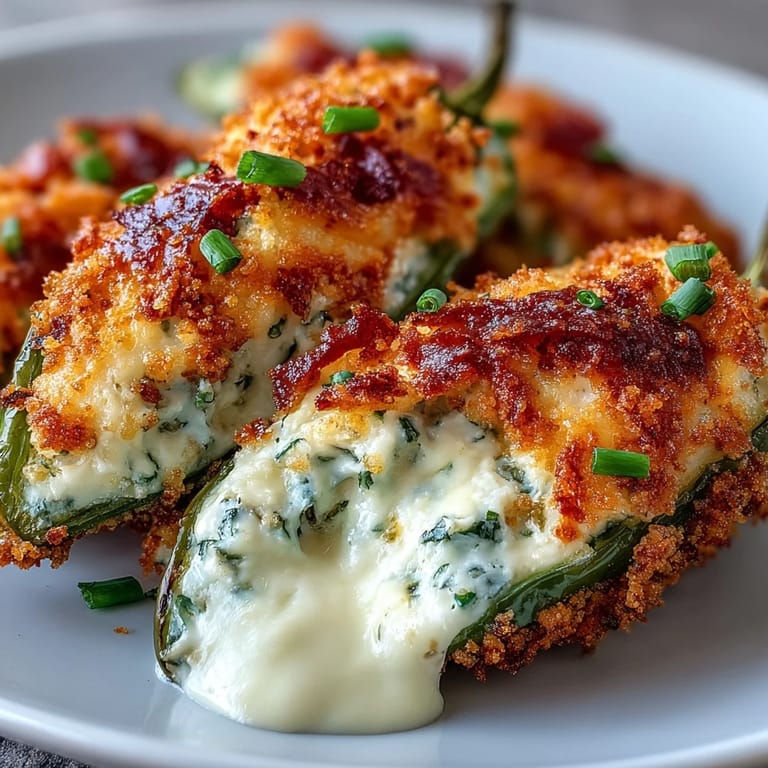 Golden Air Fryer Jalapeño Poppers, cheesy filling bubbling and topped with crispy breadcrumbs on a rustic table.